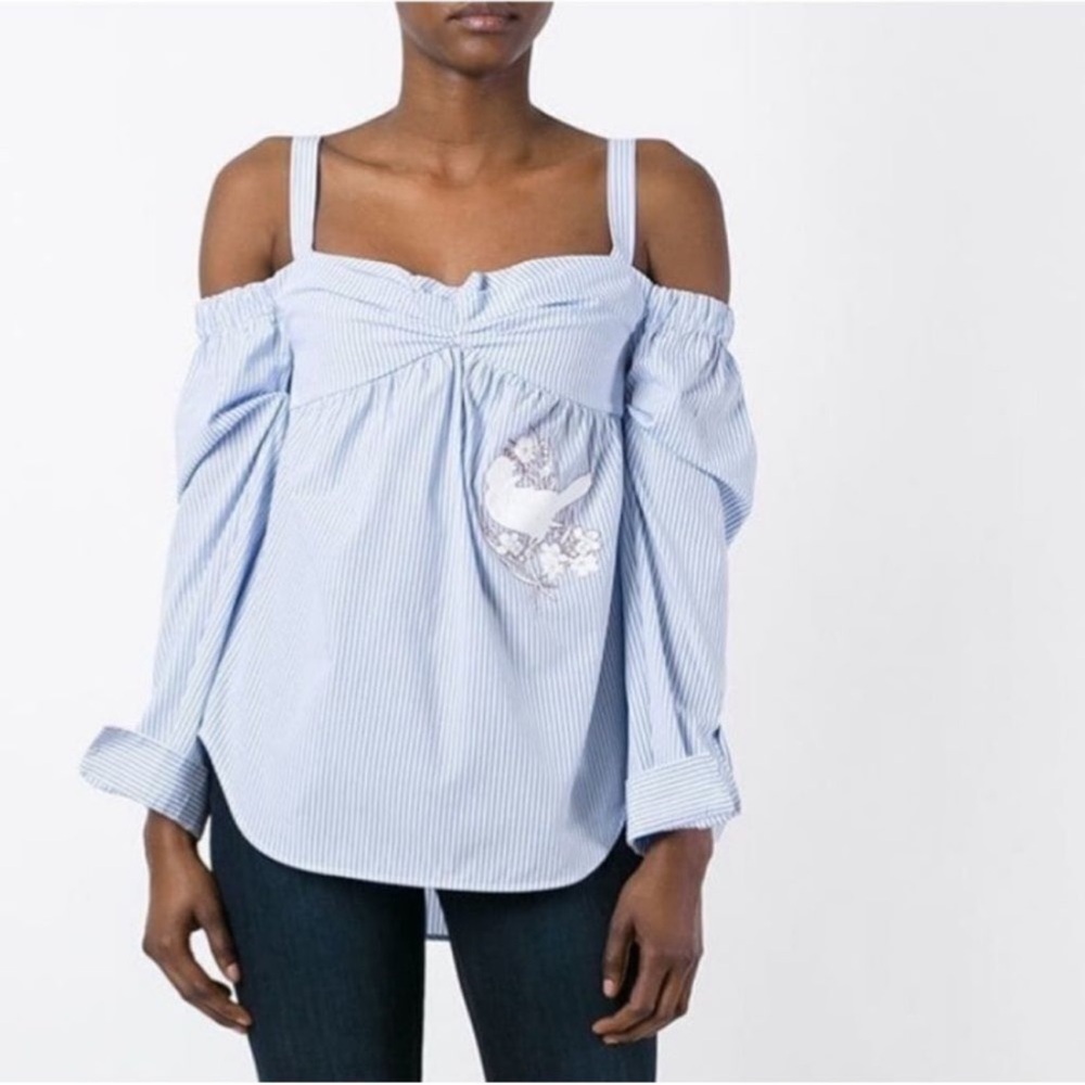 Striped Light Blue Cold-Shoulder Blouse with Embroidered Bird